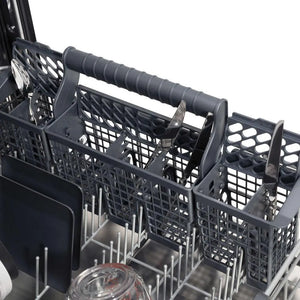 ZLINE 24 in. Monument Series 3rd Rack Top Touch Control Dishwasher with Red Gloss Panel, 45dBa (DWMT-RG-24) close-up, utensil holder on bottom rack.