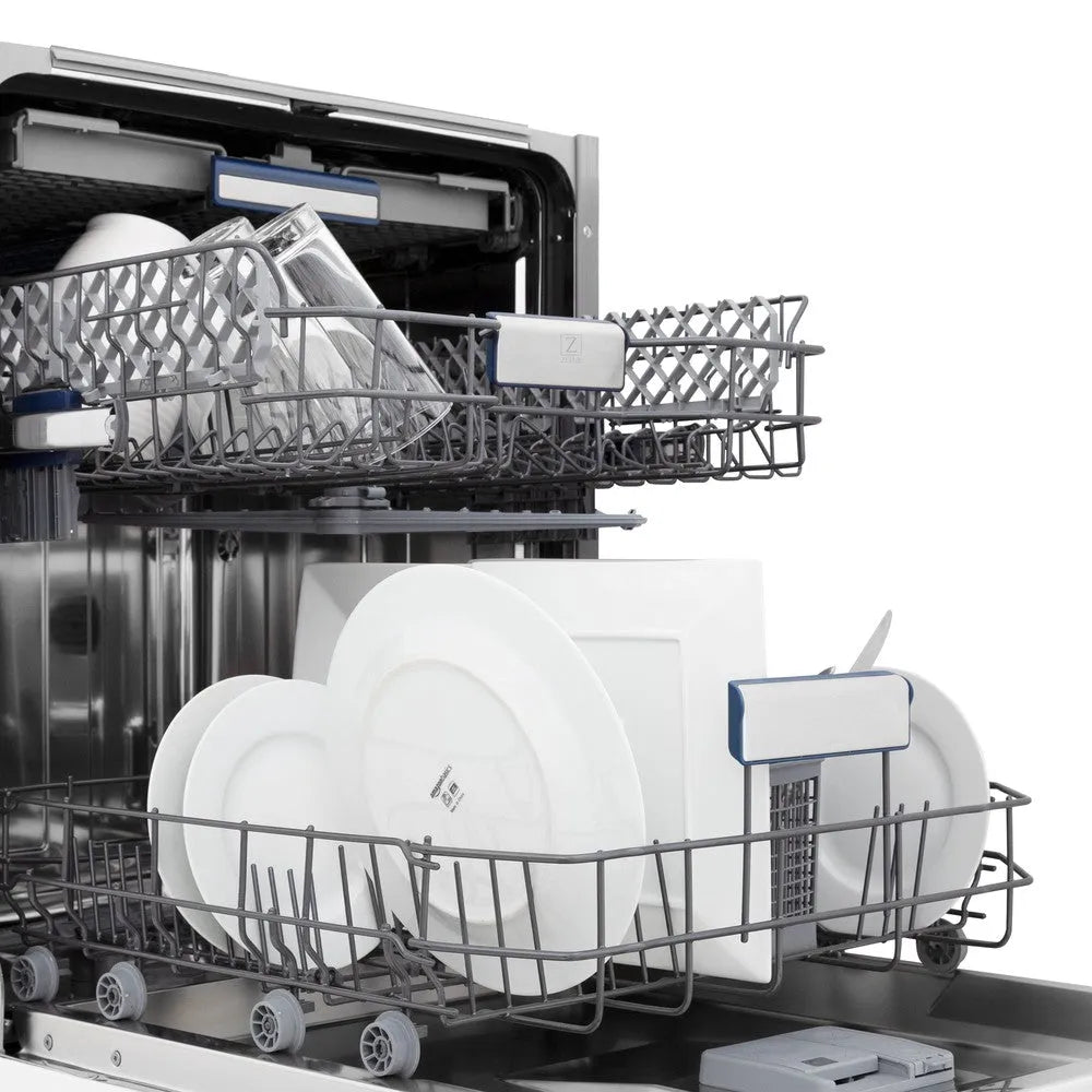 ZLINE 24 in. Tallac Series 3rd Rack Dishwasher in Stainless Steel with Traditional Handle, 51dBa (DWV-304-24) side, open, dishes on top and bottom rack.