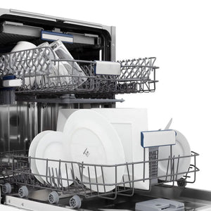 ZLINE 24 in. Tallac Series 3rd Rack Dishwasher in Stainless Steel with Traditional Handle, 51dBa (DWV-304-24) side, open, dishes on top and bottom rack.