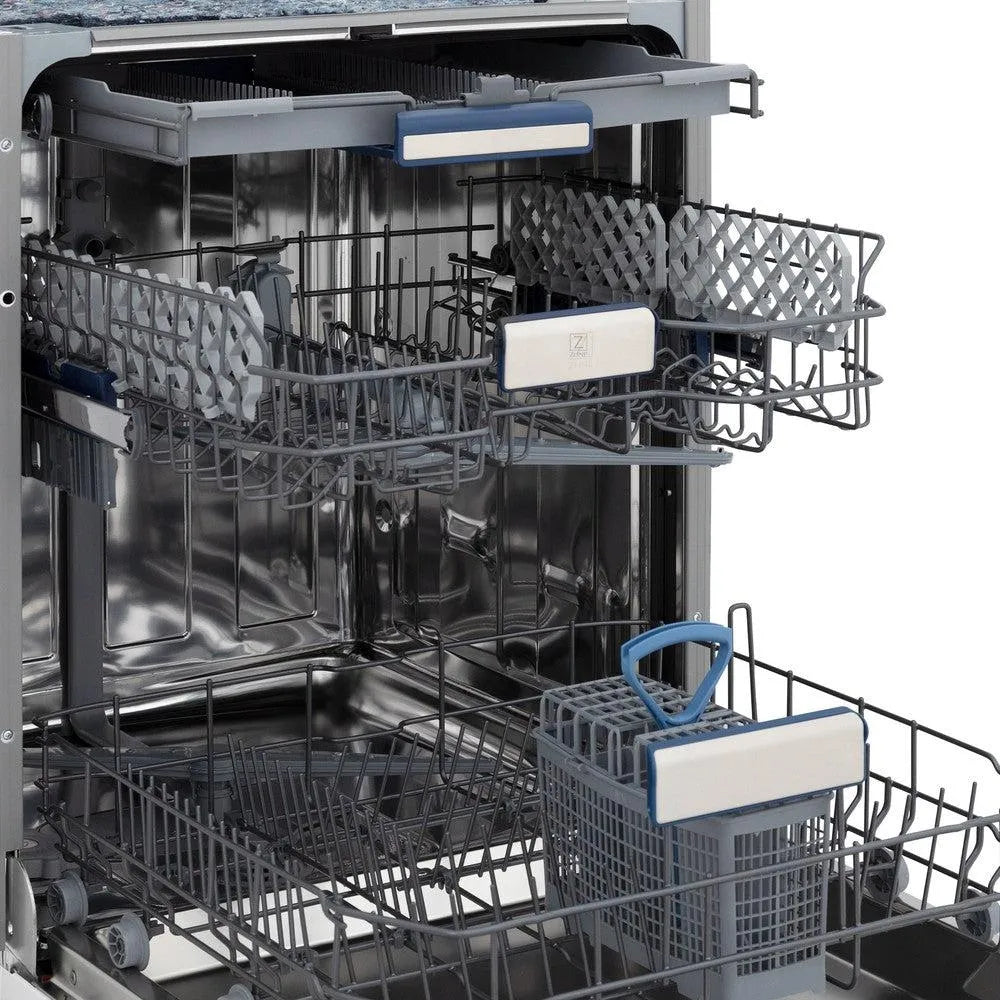 ZLINE 24 in. Tallac Series 3rd Rack Dishwasher in Stainless Steel with Traditional Handle, 51dBa (DWV-304-24) close-up, racks extended.