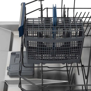 ZLINE 24 in. Tallac Series 3rd Rack Dishwasher in Stainless Steel with Traditional Handle, 51dBa (DWV-304-24) close-up, utensil holder.