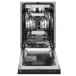 ZLINE 18 in. Tallac Series 3rd Rack Top Control Dishwasher with a Stainless Steel Tub with Black Matte Panel, 51dBa (DWV-BLM-18) front, open.
