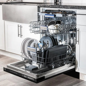 ZLINE Autograph Edition 18 in. Compact 3rd Rack Top Control Dishwasher in Black Stainless Steel with Polished Gold Accent Handle, 51dBa (DWVZ-BS-18-G) side, open, in a luxury kitchen with dishes loaded on racks.