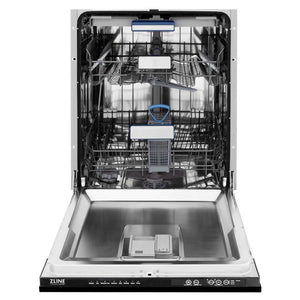 ZLINE Kitchen Package with Black Stainless Steel Refrigerator, 48 in. Dual Fuel Range, 48 in. Range Hood, Microwave Drawer, and 24 in. Tall Tub Dishwasher (5KPR-RABRH48-MWDWV) front, open.