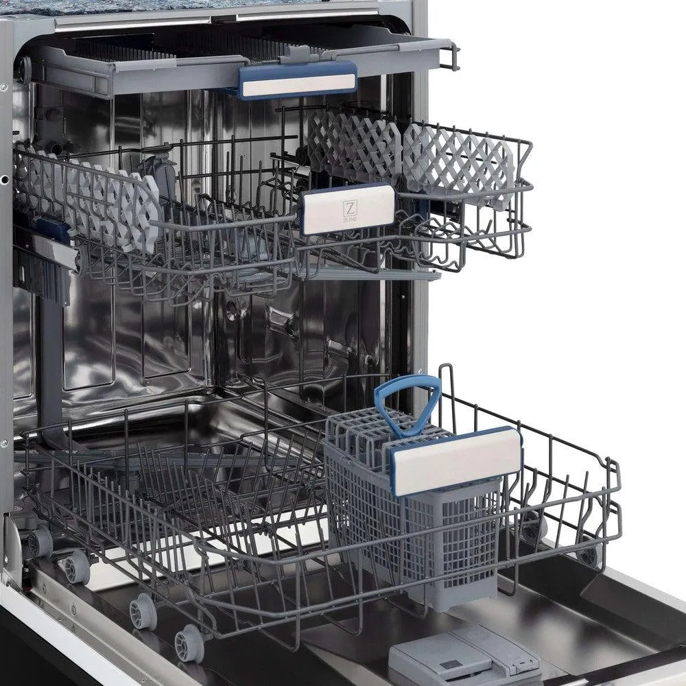 ZLINE Autograph Edition 24 in. 3rd Rack Top Control Tall Tub Dishwasher in Black Stainless Steel with Champagne Bronze Accent Handle, 51dBa (DWVZ-BS-24-CB) side, open, close-up dish racks.