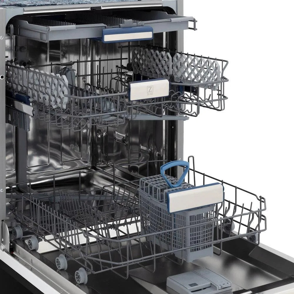 ZLINE Autograph Edition 24 in. 3rd Rack Top Control Tall Tub Dishwasher in Black Stainless Steel with Champagne Bronze Accent Handle, 51dBa (DWVZ-BS-24-CB) side close-up, open, racks extended.