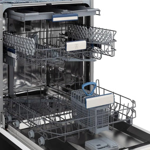 ZLINE Autograph Edition 24 in. 3rd Rack Top Control Tall Tub Dishwasher in Black Stainless Steel with Champagne Bronze Accent Handle, 51dBa (DWVZ-BS-24-CB) side close-up, open, racks extended.