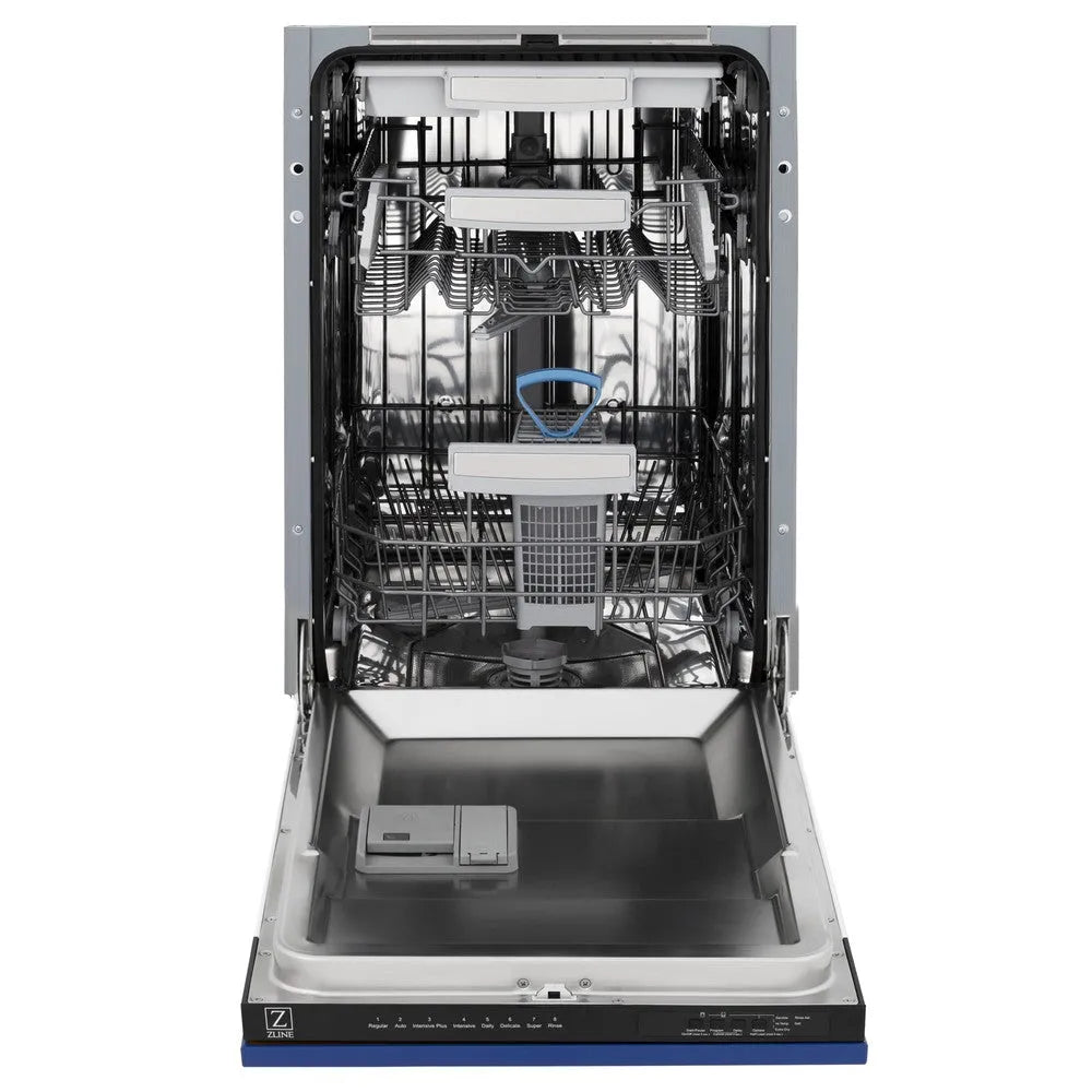 ZLINE 18 in. Tallac Series 3rd Rack Top Control Dishwasher with a Stainless Steel Tub with Blue Matte Panel, 51dBa (DWV-BM-18) front, open.
