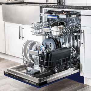 ZLINE 24 in. Tallac Series 3rd Rack Dishwasher with Blue Gloss Panel and Traditional Handle, 51dBa (DWV-BG-24) side, open, in a luxury kitchen with dishes loaded on racks.