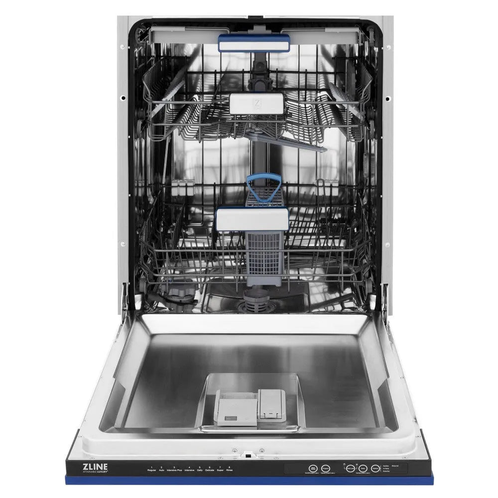 ZLINE 24 in. Tallac Series 3rd Rack Dishwasher with Blue Matte Panel and Traditional Handle, 51dBa (DWV-BM-24) front, open.