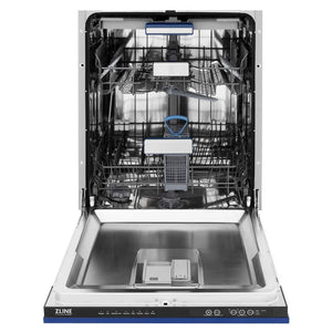 ZLINE 24 in. Tallac Series 3rd Rack Dishwasher with Blue Matte Panel and Traditional Handle, 51dBa (DWV-BM-24) front, open.