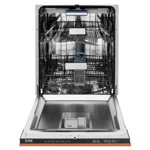 ZLINE 24 in. Tallac Series 3rd Rack Dishwasher with Copper Panel and Traditional Handle, 51dBa (DWV-C-24) front, open.