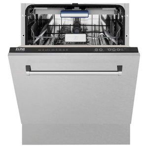 ZLINE 24" Tallac Dishwasher with Satin Stainless Steel Panel and Traditional Handle front with door halfway open.