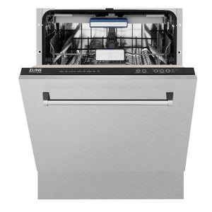 ZLINE 24" Tallac Dishwasher with Satin Stainless Steel Panel and Traditional Handle front with door halfway open.