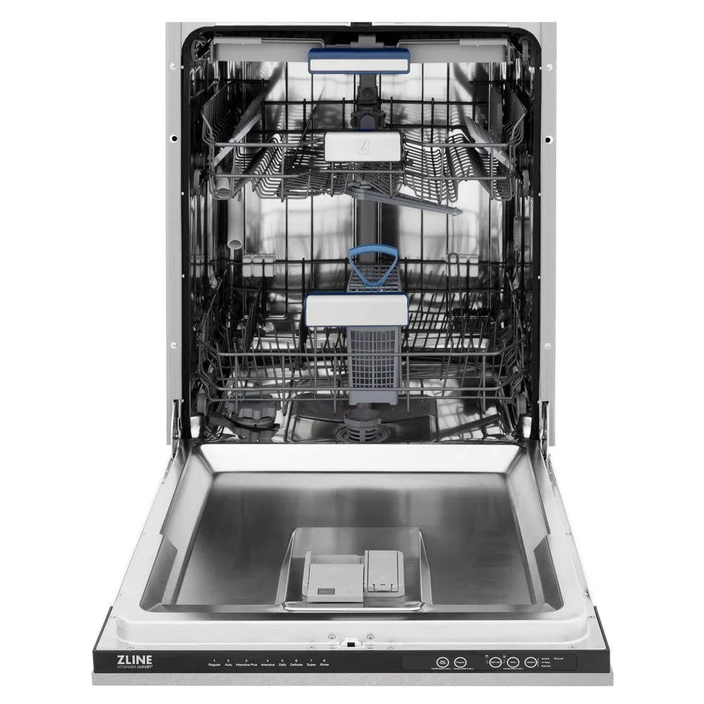 ZLINE 48 in. Kitchen Package with Satin Stainless Dual Fuel Range, Ducted Vent Range Hood and Tall Tub Dishwasher front, open.
