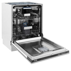 ZLINE 24" Tallac Dishwasher with Satin Stainless Steel Panel and Traditional Handle side with door open.