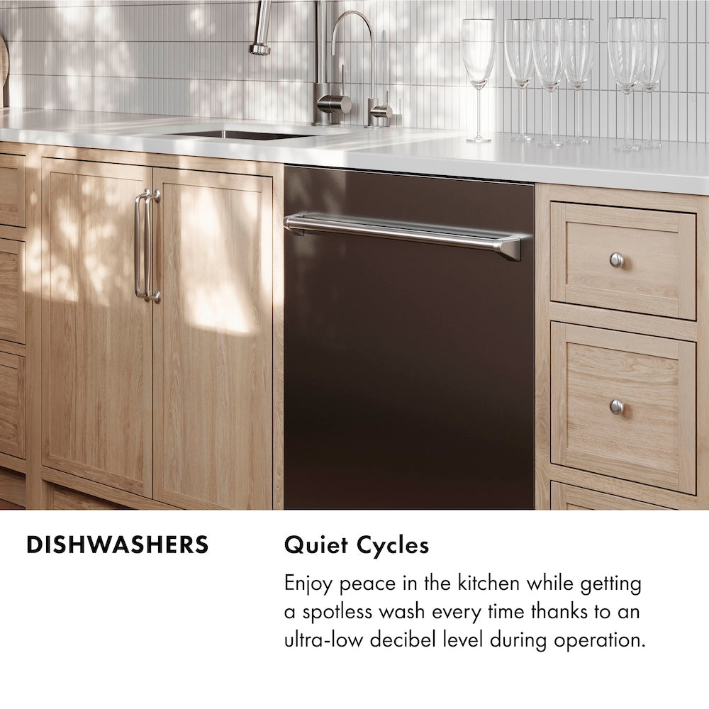 ZLINE Dishwasher Infographic. Image: Dishwasher in a kitchen setting. Text: Quiet cycles. Enjoy peace in the kitchen while getting a spotless wash every time thanks to an ultra-low decibel level during operation.