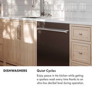 ZLINE Dishwasher Infographic. Image: Dishwasher in a kitchen setting. Text: Quiet cycles. Enjoy peace in the kitchen while getting a spotless wash every time thanks to an ultra-low decibel level during operation.