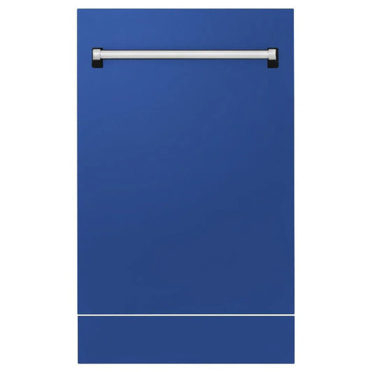 ZLINE 18 in. Tallac Series 3rd Rack Top Control Dishwasher with a Stainless Steel Tub with Blue Matte Panel, 51dBa (DWV-BM-18) front, with kickplate.