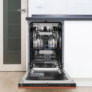 ZLINE 18 in. Tallac Series 3rd Rack Top Control Dishwasher with a Stainless Steel Tub with Copper Panel, 51dBa (DWV-C-18) in a luxury kitchen, open.