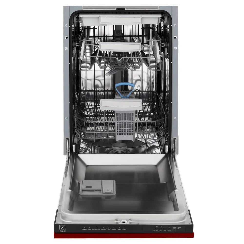 ZLINE 18 in. Tallac Series 3rd Rack Top Control Dishwasher with a Stainless Steel Tub with Red Gloss Panel, 51dBa (DWV-RG-18) front, open.