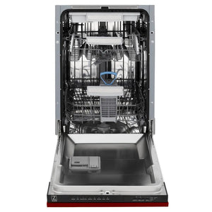 ZLINE 18 in. Tallac Series 3rd Rack Top Control Dishwasher with a Stainless Steel Tub with Red Gloss Panel, 51dBa (DWV-RG-18) front, open.