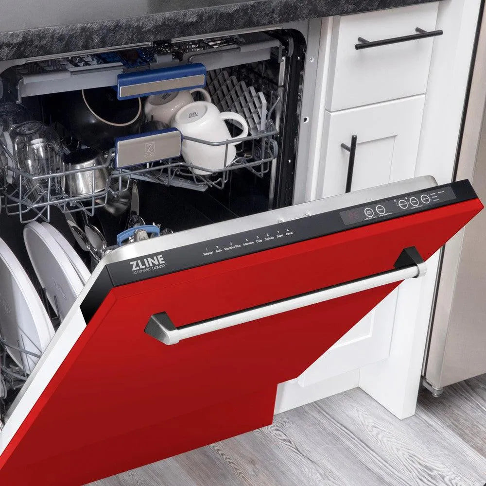 ZLINE 24 in. Tallac Series 3rd Rack Dishwasher with Red Matte Panel and Traditional Handle, 51dBa (DWV-RM-24) half open with dishes inside in a kitchen with white cabinets and stone countertops.