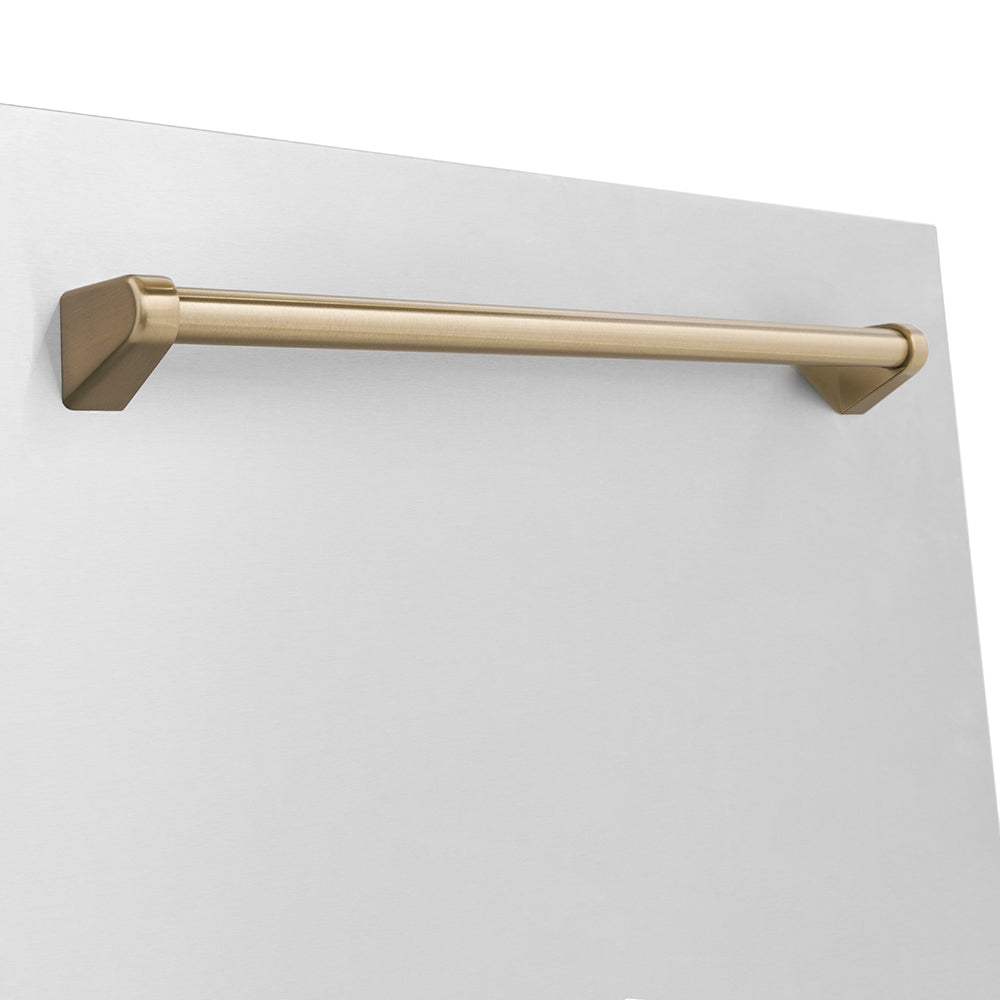 ZLINE Autograph Edition 24 in. Monument Series 3rd Rack Top Touch Control Tall Tub Dishwasher in Stainless Steel with Champagne Bronze Handle, 45dBa (DWMTZ-304-24-CB) handle close-up.