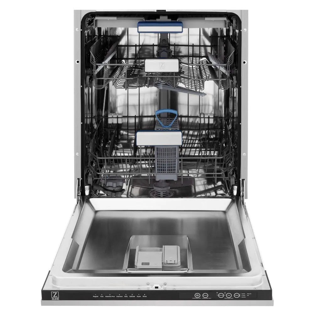ZLINE 30 in. Kitchen Package with Stainless Steel Dual Fuel Range, Range Hood, Microwave Drawer and Tall Tub Dishwasher (4KP-RARH30-MWDWV) front, open.