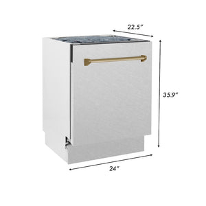 ZLINE Autograph Edition 24 in. Tallac Series 3rd Rack Top Control Built-In Tall Tub Dishwasher with Satin Stainless Steel Panel and Champagne Bronze Handle, 51dBa (DWVZ-SN-24-CB) dimensional diagram.