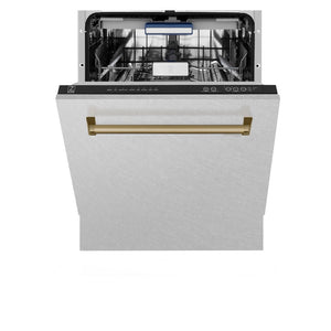 ZLINE Autograph Edition 24 in. Tallac Series 3rd Rack Top Control Built-In Tall Tub Dishwasher with Satin Stainless Steel Panel and Champagne Bronze Handle, 51dBa (DWVZ-SN-24-CB) front, half open.