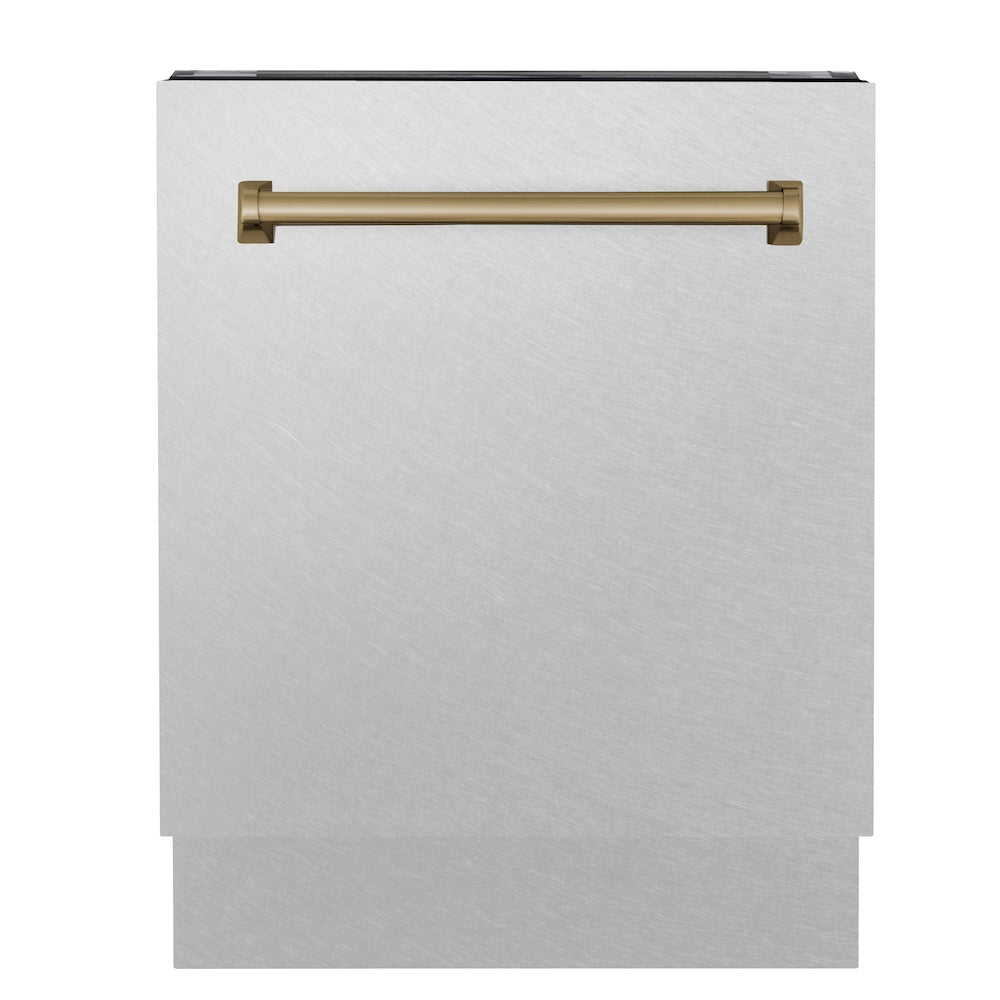ZLINE Autograph Edition 24 in. Tallac Series 3rd Rack Top Control Built-In Tall Tub Dishwasher with Satin Stainless Steel Panel and Champagne Bronze Handle, 51dBa (DWVZ-SN-24-CB) front.