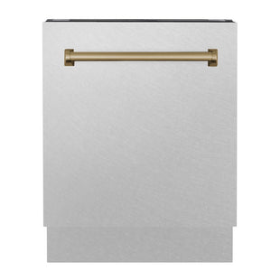 ZLINE Autograph Edition 24 in. Tallac Series 3rd Rack Top Control Built-In Tall Tub Dishwasher with Satin Stainless Steel Panel and Champagne Bronze Handle, 51dBa (DWVZ-SN-24-CB) front.
