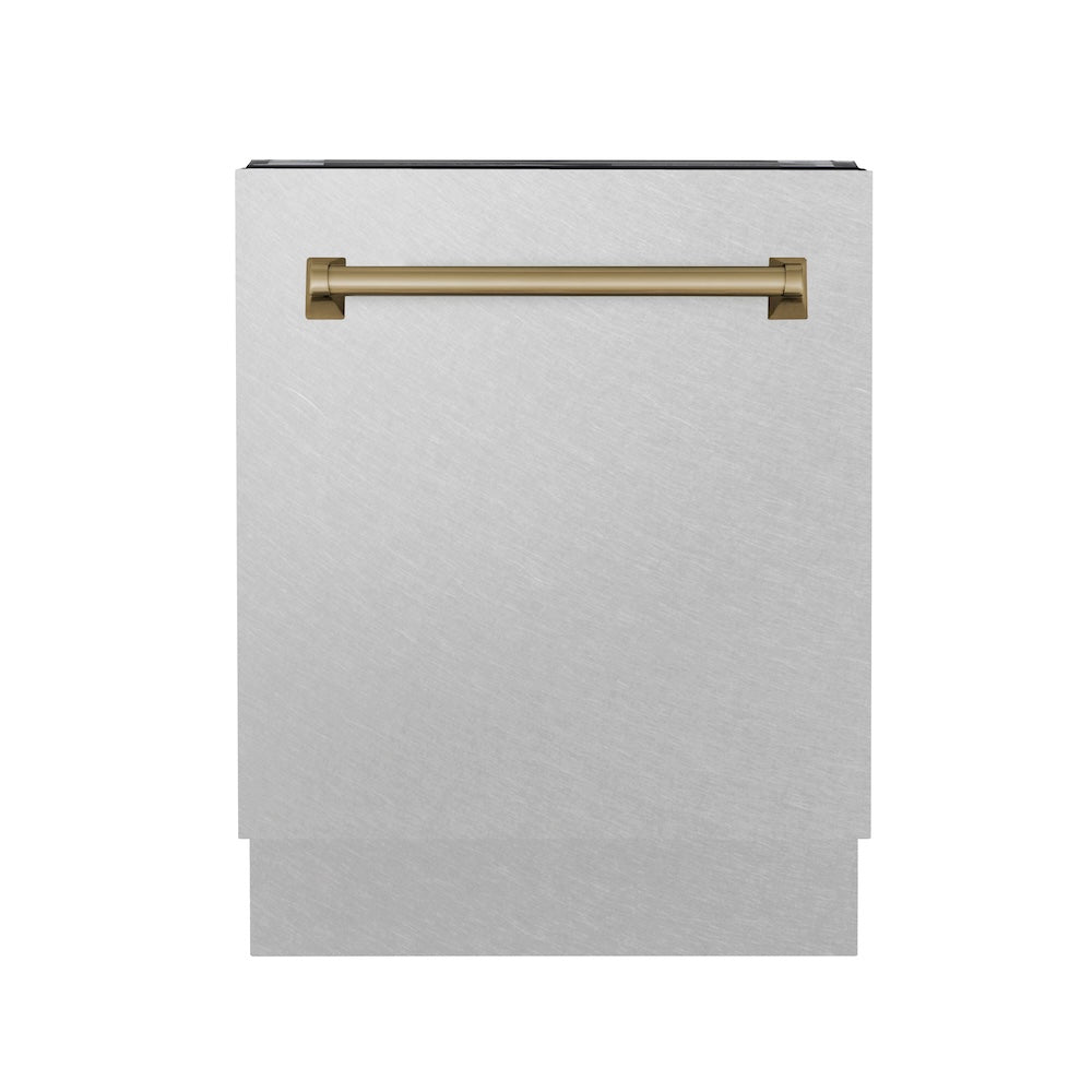 ZLINE Autograph Edition 24 in. Tallac Series 3rd Rack Top Control Built-In Tall Tub Dishwasher with Satin Stainless Steel Panel and Champagne Bronze Handle, 51dBa (DWVZ-SN-24-CB) front, closed.