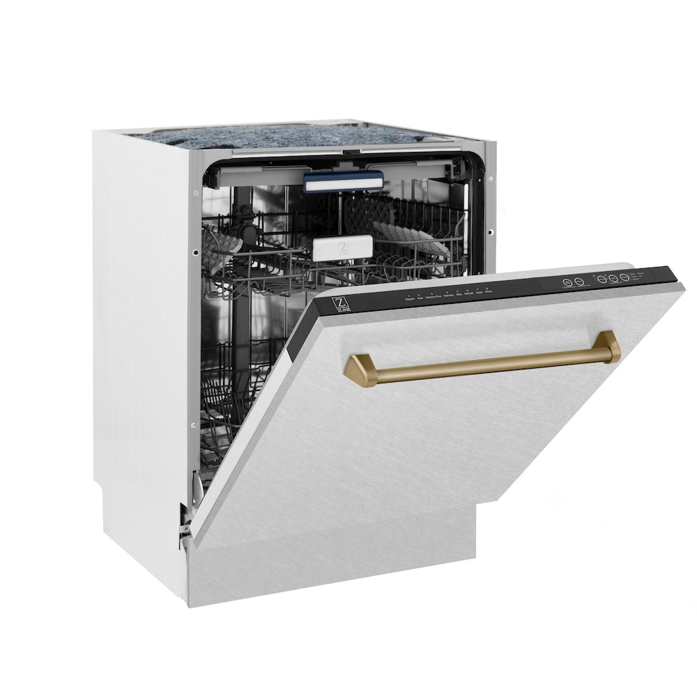 ZLINE Autograph Edition 24 in. Tallac Series 3rd Rack Top Control Built-In Tall Tub Dishwasher with Satin Stainless Steel Panel and Champagne Bronze Handle, 51dBa (DWVZ-SN-24-CB) side, half open.
