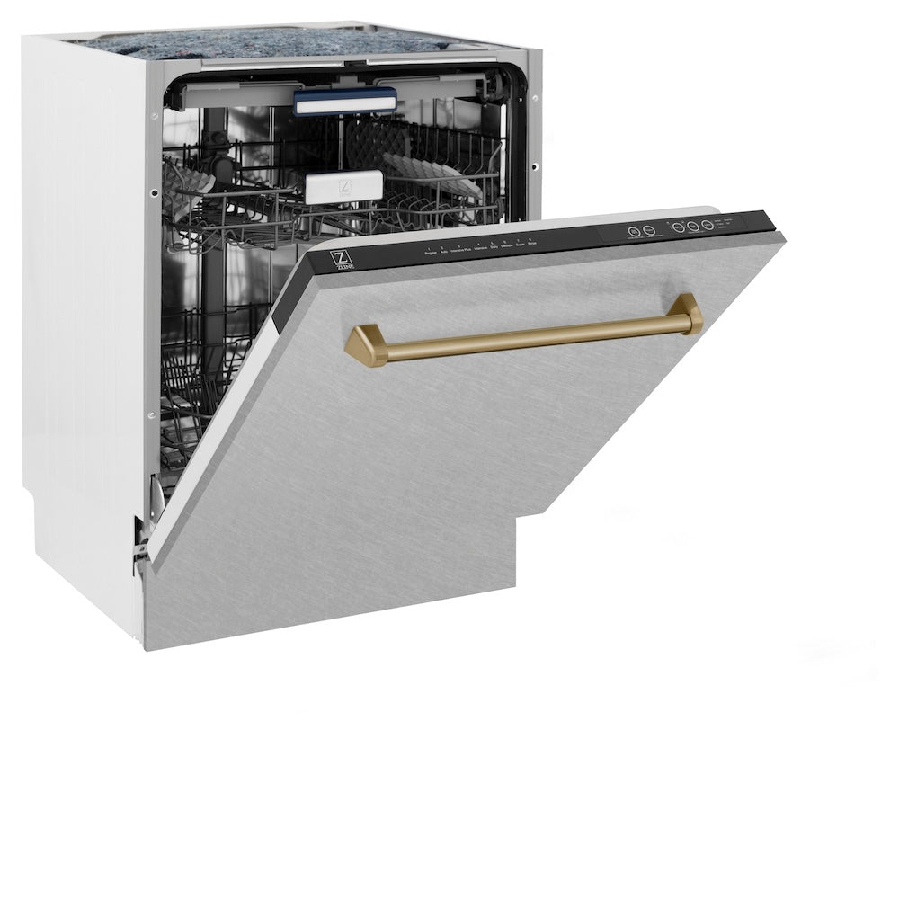 ZLINE Autograph Edition 24 in. Tallac Series 3rd Rack Top Control Built-In Tall Tub Dishwasher with Satin Stainless Steel Panel and Champagne Bronze Handle, 51dBa (DWVZ-SN-24-CB) side, half open.