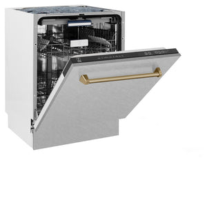 ZLINE Autograph Edition 24 in. Tallac Series 3rd Rack Top Control Built-In Tall Tub Dishwasher with Satin Stainless Steel Panel and Champagne Bronze Handle, 51dBa (DWVZ-SN-24-CB) side, half open.