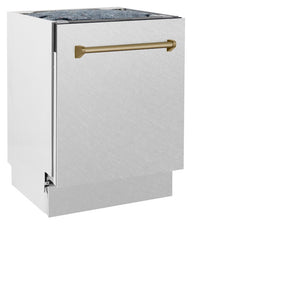 ZLINE Autograph Edition 24 in. Tallac Series 3rd Rack Top Control Built-In Tall Tub Dishwasher with Satin Stainless Steel Panel and Champagne Bronze Handle, 51dBa (DWVZ-SN-24-CB) side.