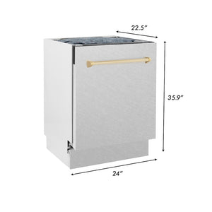 ZLINE Autograph Edition 24 in. Tallac Series 3rd Rack Top Control Built-In Tall Tub Dishwasher with Satin Stainless Steel Panel and Polished Gold Handle, 51dBa (DWVZ-SN-24-G) dimensional diagram.