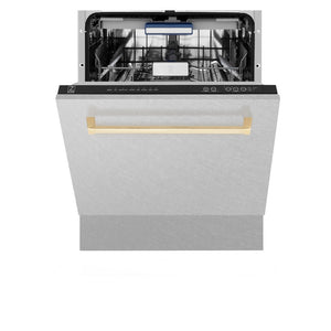 ZLINE Autograph Edition 24 in. Tallac Series 3rd Rack Top Control Built-In Tall Tub Dishwasher with Satin Stainless Steel Panel and Polished Gold Handle, 51dBa (DWVZ-SN-24-G) front, half open.