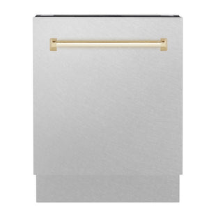 ZLINE Autograph Edition 24 in. Tallac Series 3rd Rack Top Control Built-In Tall Tub Dishwasher with Satin Stainless Steel Panel and Polished Gold Handle, 51dBa (DWVZ-SN-24-G) front.