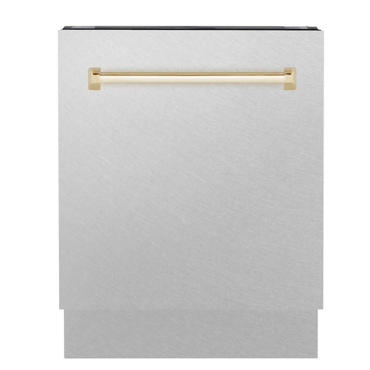 ZLINE Autograph Edition 24 in. Tallac Series 3rd Rack Top Control Built-In Tall Tub Dishwasher with Satin Stainless Steel Panel and Polished Gold Handle, 51dBa (DWVZ-SN-24-G) front.