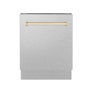 ZLINE Autograph Edition 24 in. Tallac Series 3rd Rack Top Control Built-In Tall Tub Dishwasher with Satin Stainless Steel Panel and Polished Gold Handle, 51dBa (DWVZ-SN-24-G) front, closed.