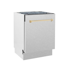 ZLINE Autograph Edition 24 in. Tallac Series 3rd Rack Top Control Built-In Tall Tub Dishwasher with Satin Stainless Steel Panel and Polished Gold Handle, 51dBa (DWVZ-SN-24-G) side.