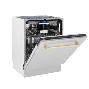 ZLINE Autograph Edition 24 in. Tallac Series 3rd Rack Top Control Built-In Tall Tub Dishwasher with Satin Stainless Steel Panel and Polished Gold Handle, 51dBa (DWVZ-SN-24-G) side, half open.