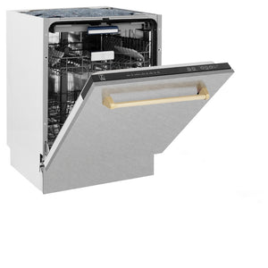 ZLINE Autograph Edition 24 in. Tallac Series 3rd Rack Top Control Built-In Tall Tub Dishwasher with Satin Stainless Steel Panel and Polished Gold Handle, 51dBa (DWVZ-SN-24-G) side, half open.