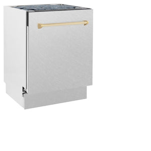 ZLINE Autograph Edition 24 in. Tallac Series 3rd Rack Top Control Built-In Tall Tub Dishwasher with Satin Stainless Steel Panel and Polished Gold Handle, 51dBa (DWVZ-SN-24-G) side.