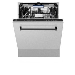 ZLINE Autograph Edition 24 in. Tallac Series 3rd Rack Top Control Built-In Tall Tub Dishwasher with Satin Stainless Steel Panel and Matte Black Handle, 51dBa (DWVZ-SN-24-MB) front, half open.