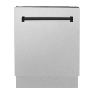 ZLINE Autograph Edition 24 in. Tallac Series 3rd Rack Top Control Built-In Tall Tub Dishwasher with Satin Stainless Steel Panel and Matte Black Handle, 51dBa (DWVZ-SN-24-MB) front.