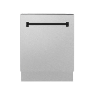 ZLINE Autograph Edition 24 in. Tallac Series 3rd Rack Top Control Built-In Tall Tub Dishwasher with Satin Stainless Steel Panel and Matte Black Handle, 51dBa (DWVZ-SN-24-MB) front, closed.